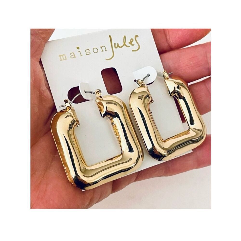 NWT Gorgeous Maison Jules gold-tone metal puffer square  hoop earrings